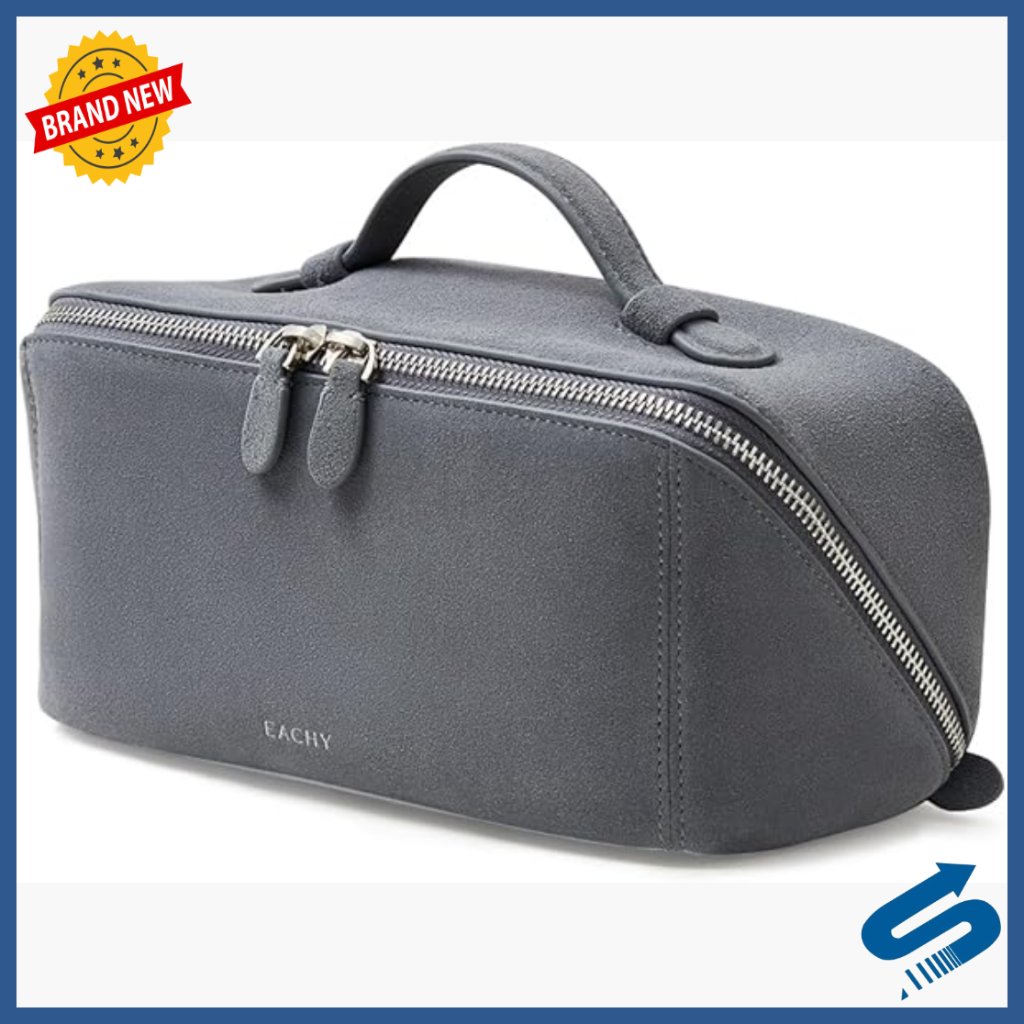 Large Genuine Leather Makeup Bag With Flat-Open Design And Divider